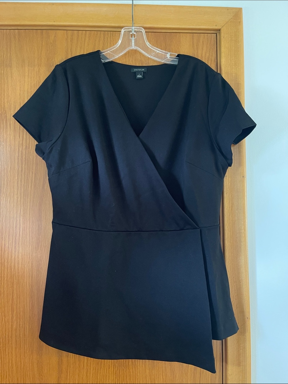 Ann Taylor Black Short-Sleeve Surplice Blouse